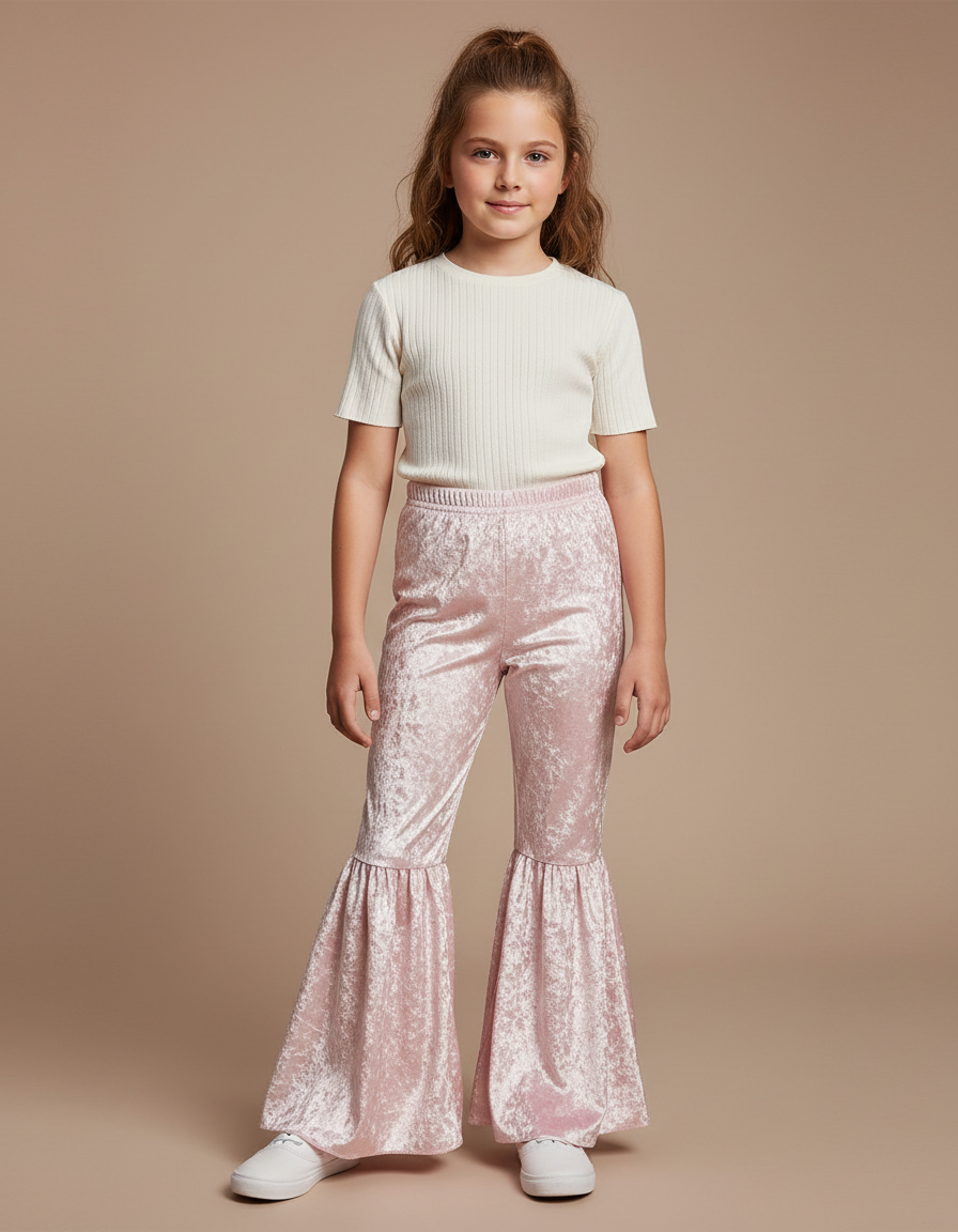 Pantalon Jupe Velours Rose Évasé Volants Fille