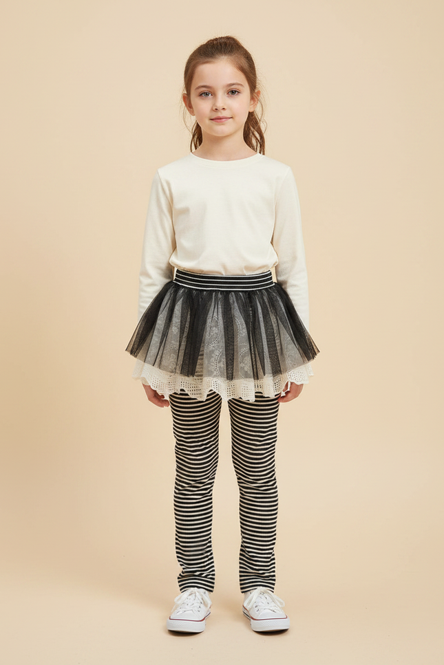 Pantalon Jupe Noir Rayé Tulle Intégré Confortable Fille - Imprimé Coton