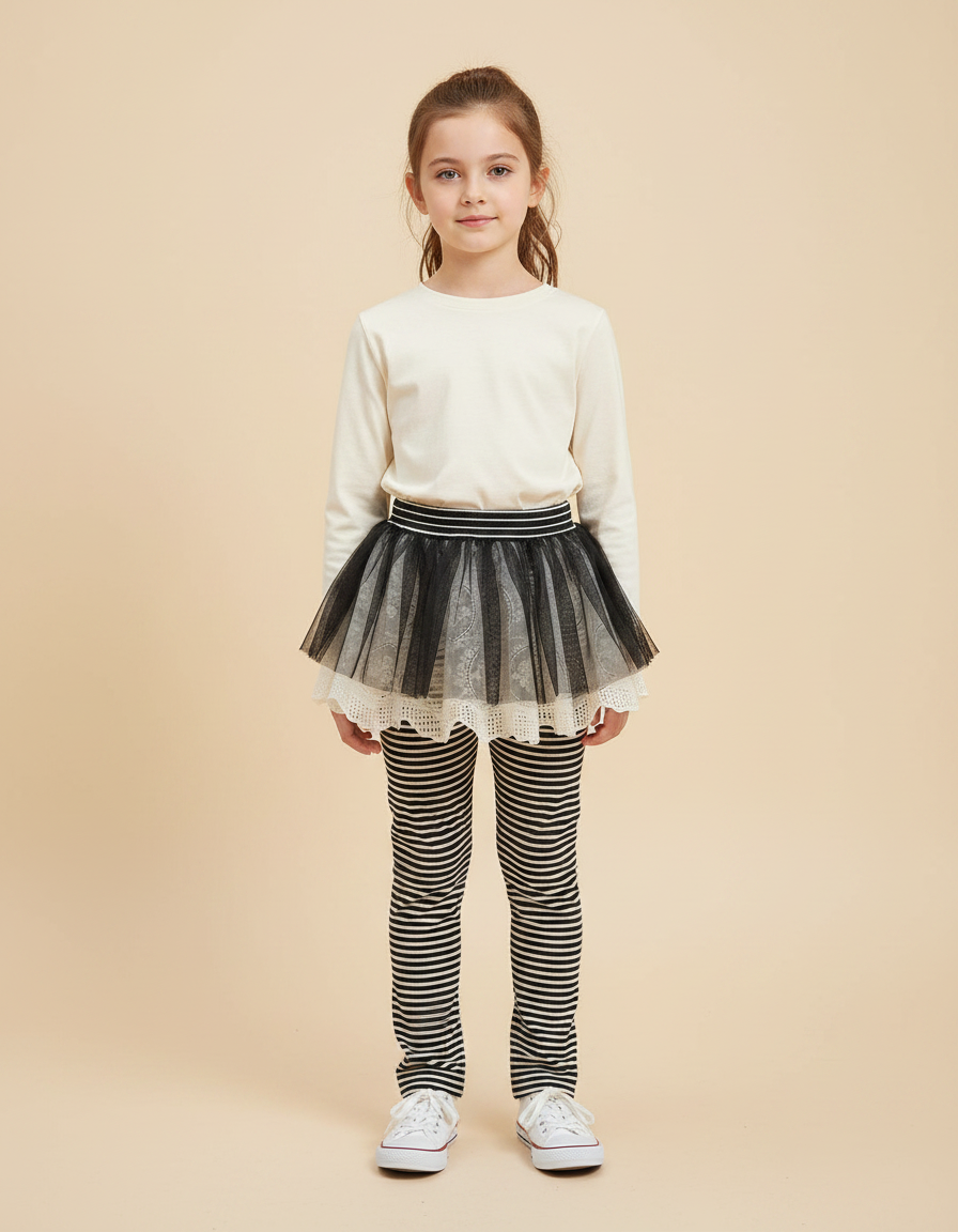 Pantalon Jupe Noir Rayé Tulle Intégré Confortable Fille - Imprimé Coton