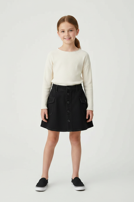 Pantalon Jupe Noir Denim Boutonné Fille Décontracté - Jean
