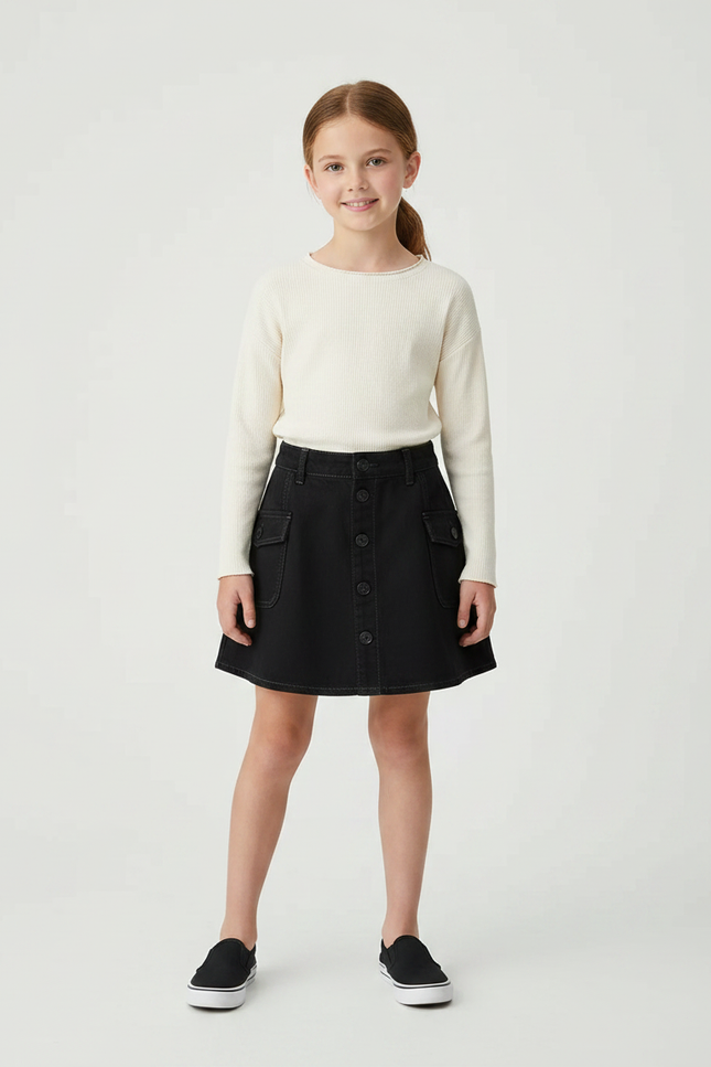 Pantalon Jupe Noir Denim Boutonné Fille Décontracté - Jean
