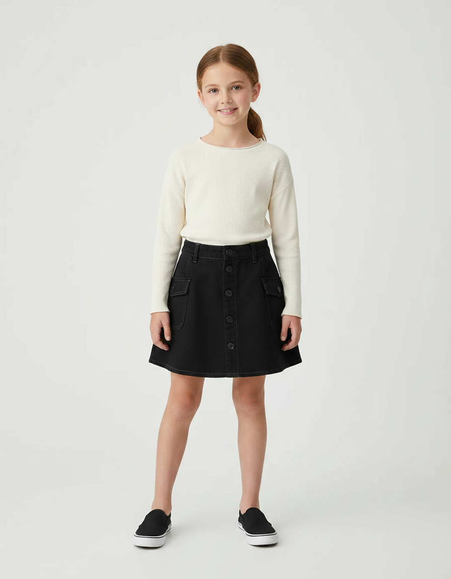 Pantalon Jupe Noir Denim Boutonné Fille Décontracté - Jean