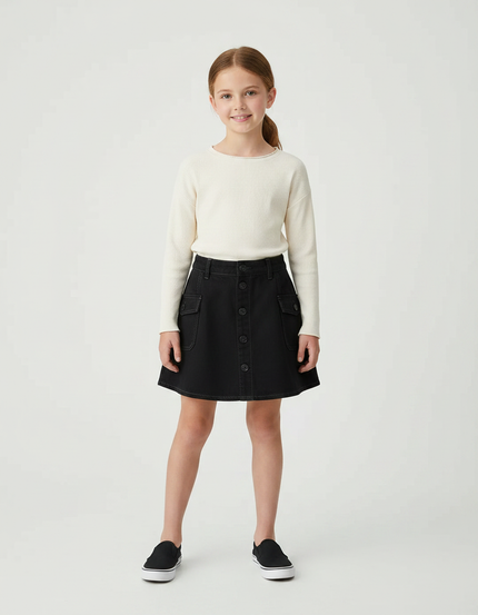 Pantalon Jupe Noir Denim Boutonné Fille Décontracté - Jean
