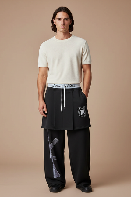 Pantalon Jupe Noir Ample Imprimé Superposé Décontracté - Molleton