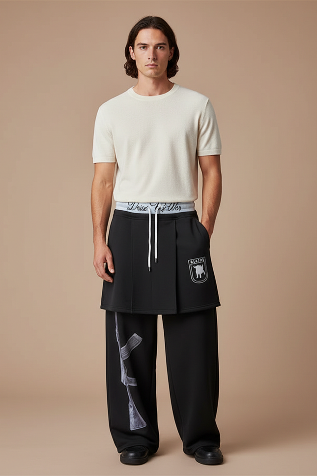 Pantalon Jupe Noir Ample Imprimé Superposé Décontracté - Molleton