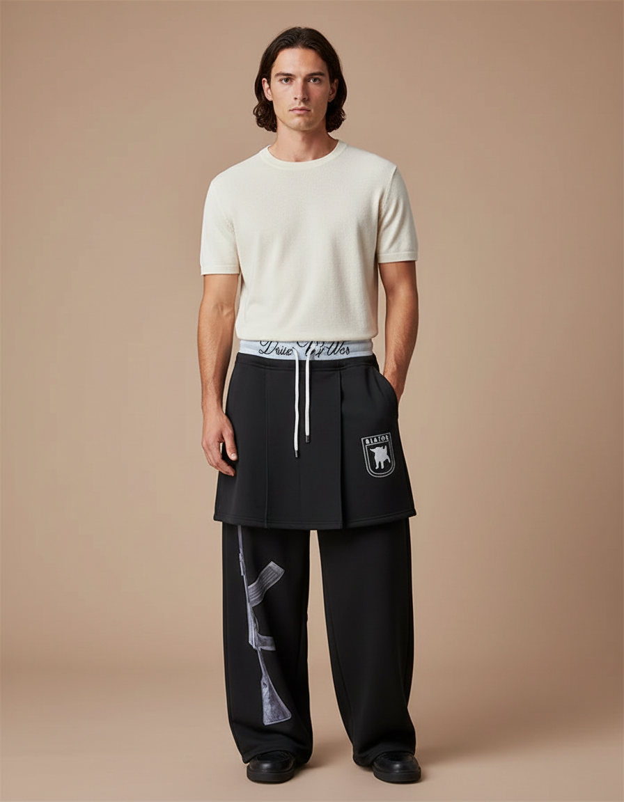 Pantalon Jupe Noir Ample Imprimé Superposé Décontracté - Molleton