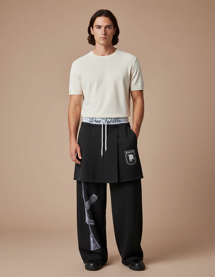 Pantalon Jupe Noir Ample Imprimé Superposé Décontracté - Molleton
