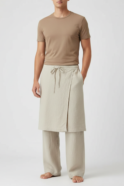 Pantalon Jupe Beige Lin Drapé Ample Homme