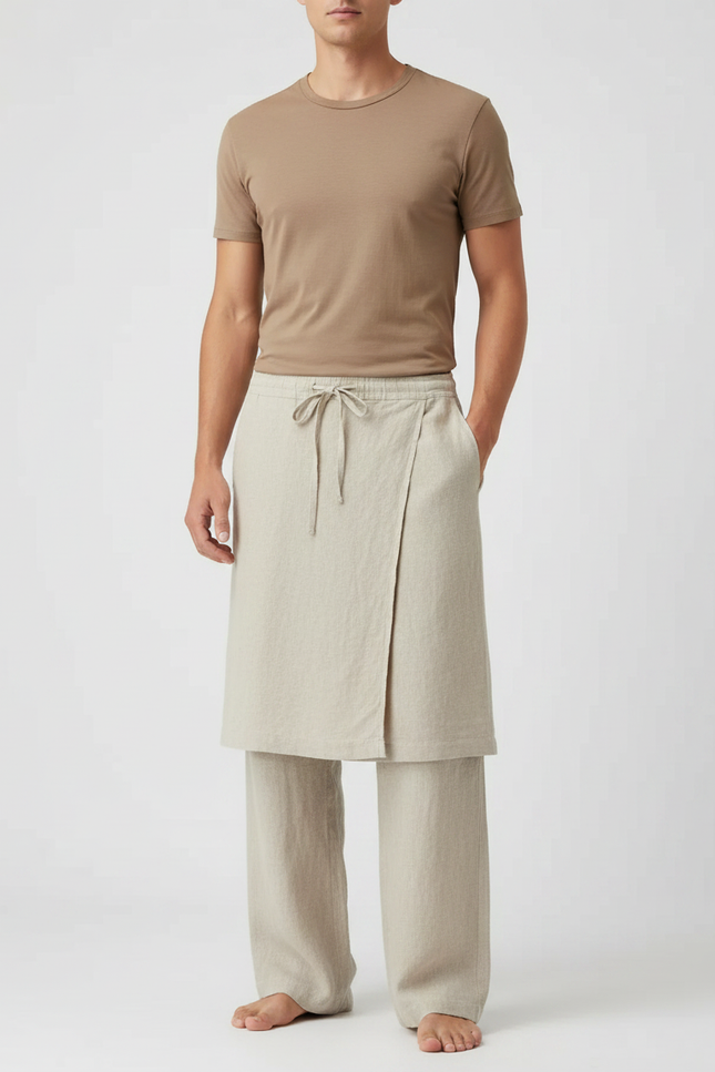 Pantalon Jupe Beige Lin Drapé Ample Homme