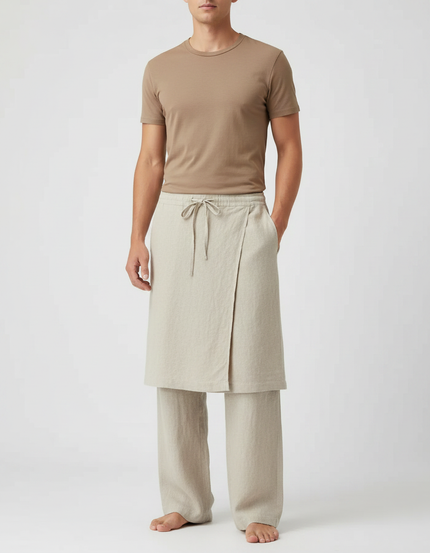 Pantalon Jupe Beige Lin Drapé Ample Homme
