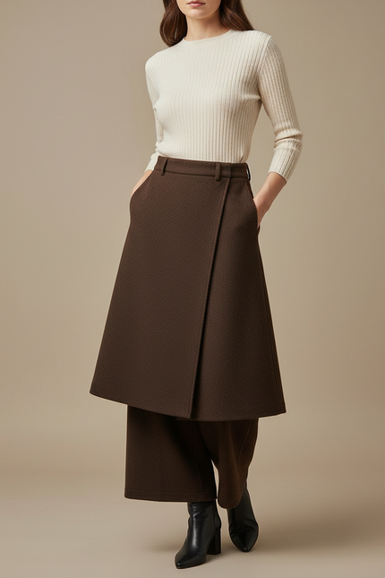 Pantalon Jupe Marron Laine Coupe Droite Élégant
