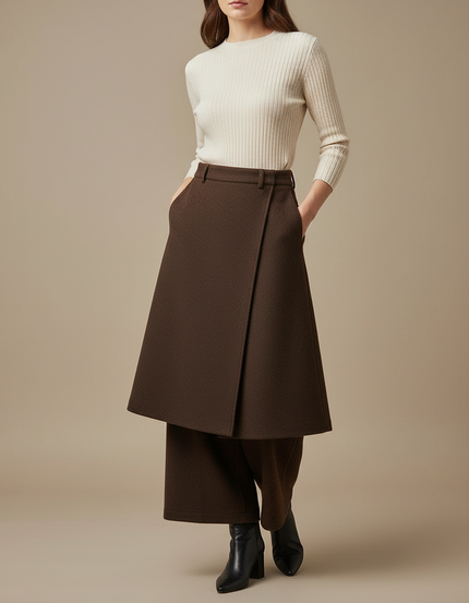 Pantalon Jupe Marron Laine Coupe Droite Élégant