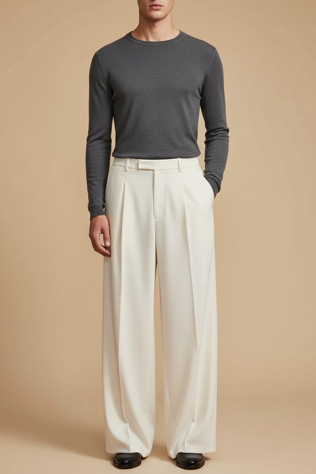 Pantalon Jupe Écru Ample Plissé Élégant Homme - Beige Gabardine
