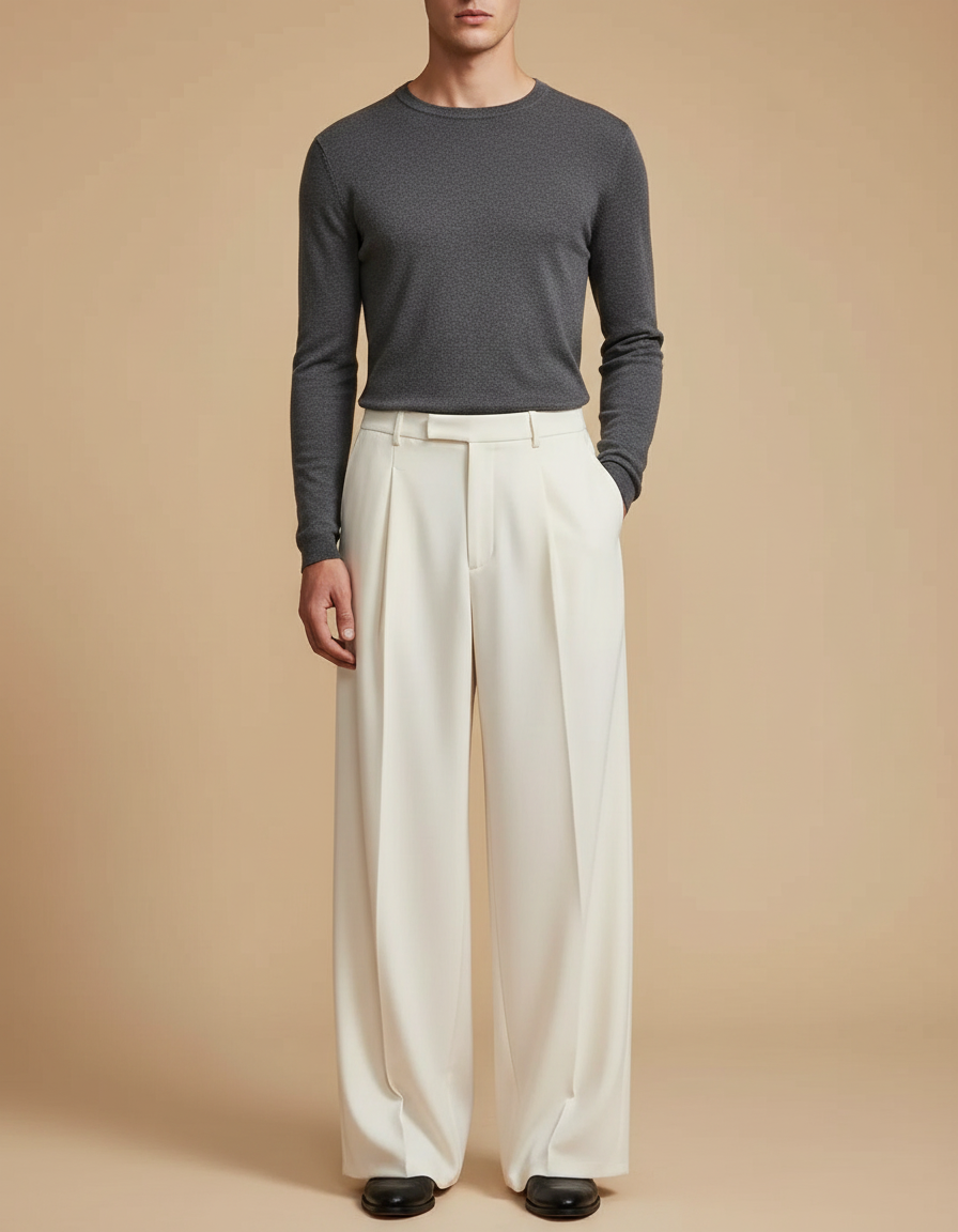 Pantalon Jupe Écru Ample Plissé Élégant Homme - Beige Gabardine
