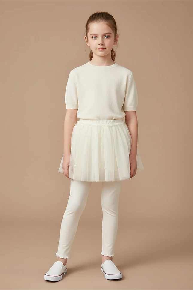 Pantalon Jupe Crème Tulle Perles Intégrées Fille - Blanc Coton