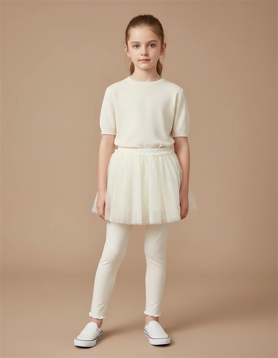 Pantalon Jupe Crème Tulle Perles Intégrées Fille - Blanc Coton
