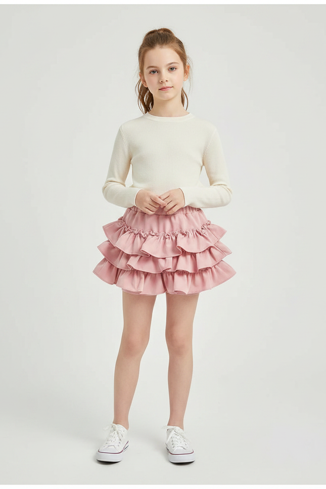 Pantalon Jupe Rose Volants Superposés Fille Mignon - Coton