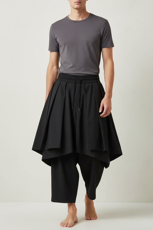 Pantalon Jupe Noir Plissé Ample Unisexe Moderne - Polyester