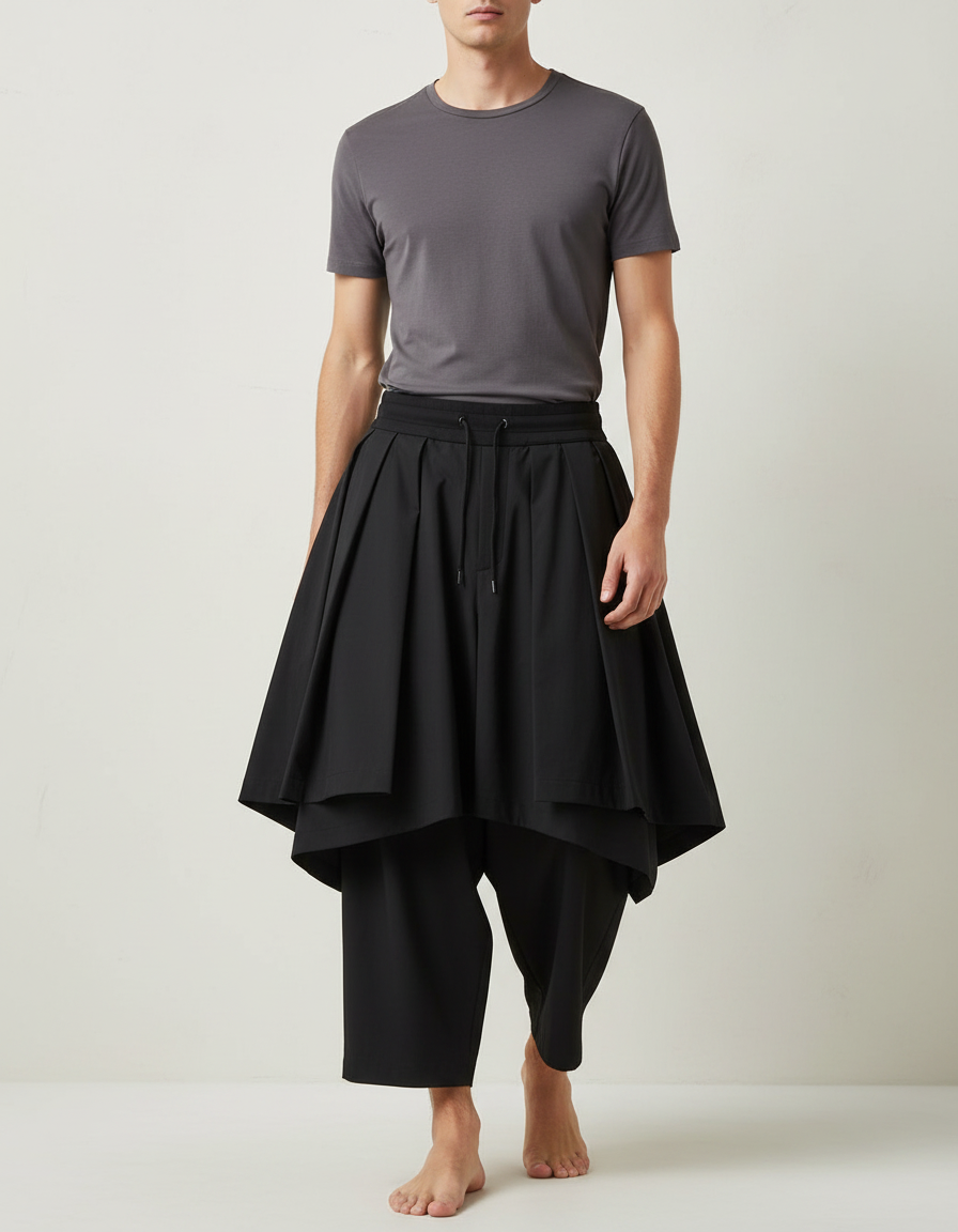 Pantalon Jupe Noir Plissé Ample Unisexe Moderne - Polyester