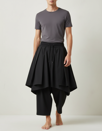 Pantalon Jupe Noir Plissé Ample Unisexe Moderne - Polyester