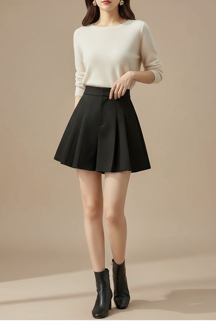 Pantalon Jupe Noir Plissé Taille Haute Femme Hiver - Gabardine