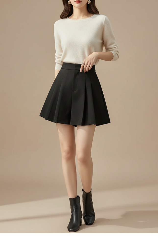 Pantalon Jupe Noir Plissé Taille Haute Femme Hiver - Gabardine
