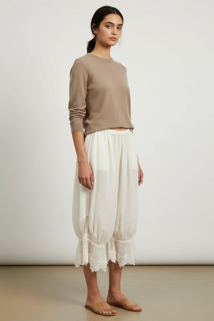 Pantalon Jupe Écru Ample Dentelle Bohème Court - Blanc Lin