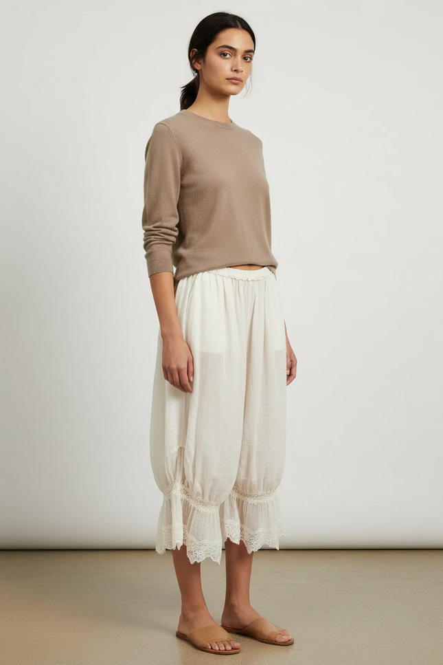 Pantalon Jupe Écru Ample Dentelle Bohème Court - Blanc Lin