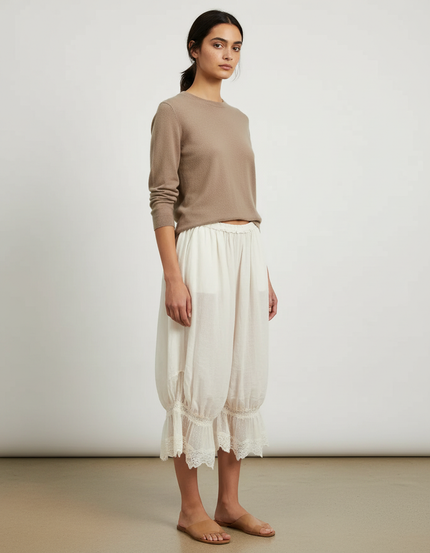 Pantalon Jupe Écru Ample Dentelle Bohème Court - Blanc Lin