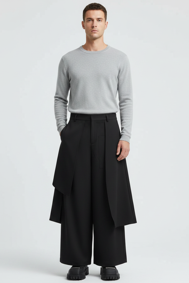 Pantalon Jupe Noir Ample Déstructuré Élégant Homme - Polyester