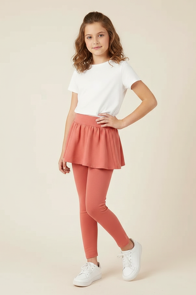 Pantalon Jupe Corail Coton Fille Intégré Confortable - Orange Molleton