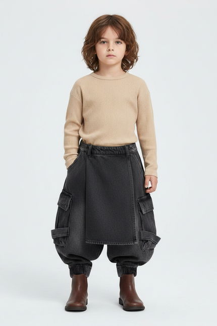 Pantalon Jupe Noir Denim Cargo Ample Enfant - Jean