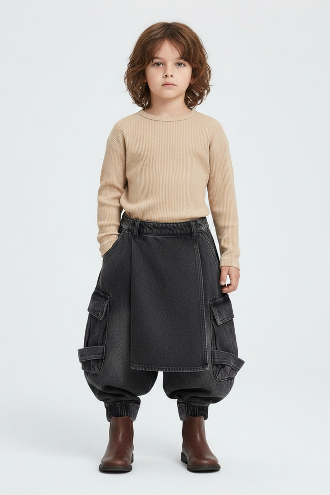 Pantalon Jupe Noir Denim Cargo Ample Enfant - Jean