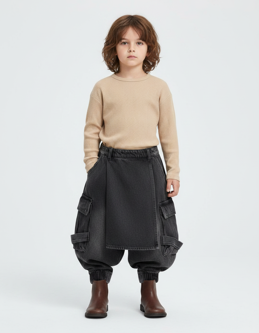 Pantalon Jupe Noir Denim Cargo Ample Enfant - Jean