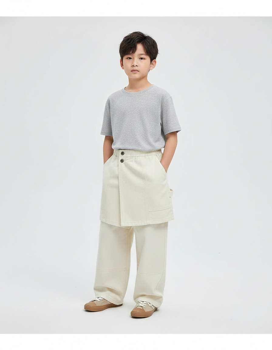 Pantalon Jupe Écru Coton Ample Décontracté Enfant - Beige
