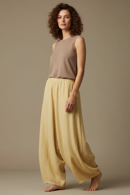 Pantalon Jupe Jaune Lin Ample Fluide Confortable