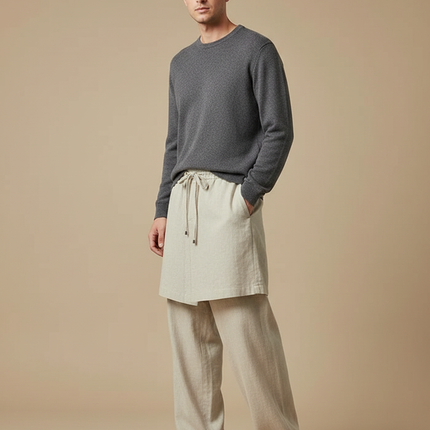 Pantalon Jupe Beige Lin Ample Décontracté Confortable