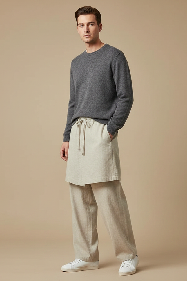 Pantalon Jupe Beige Lin Ample Décontracté Confortable