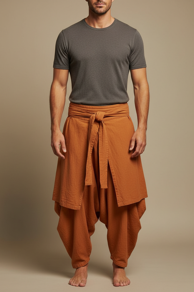 Pantalon Jupe Marron Ample Lin Plissé Homme Décontracté - Orange