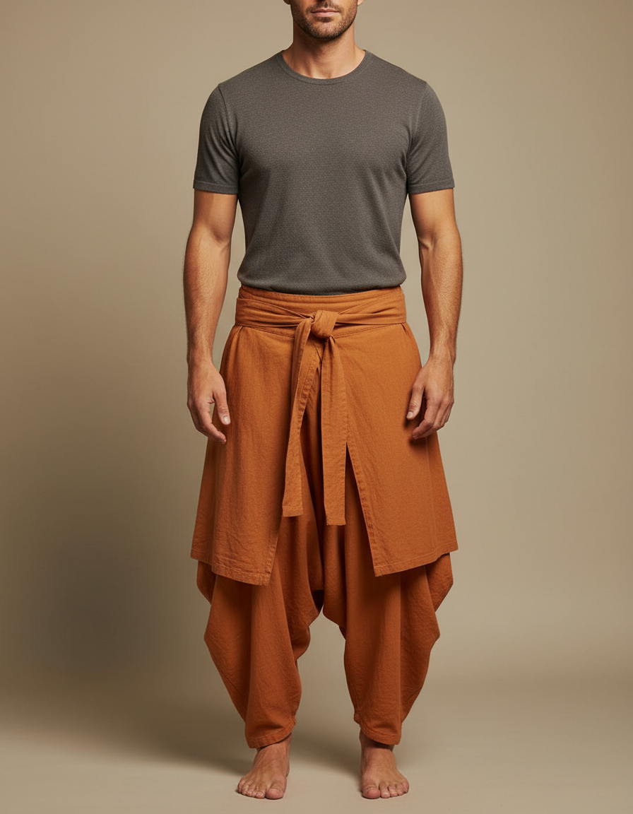 Pantalon Jupe Marron Ample Lin Plissé Homme Décontracté - Orange