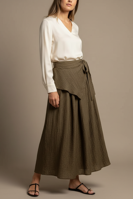 Pantalon Jupe Kaki Plissé Asymétrique Fluide Élégant - Lin