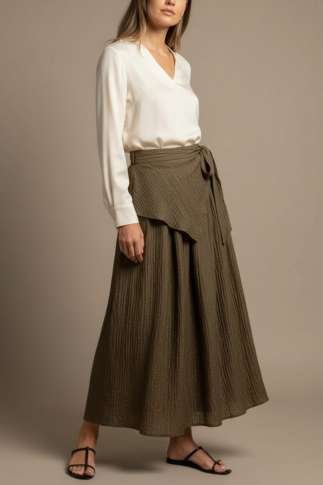 Pantalon Jupe Kaki Plissé Asymétrique Fluide Élégant - Lin
