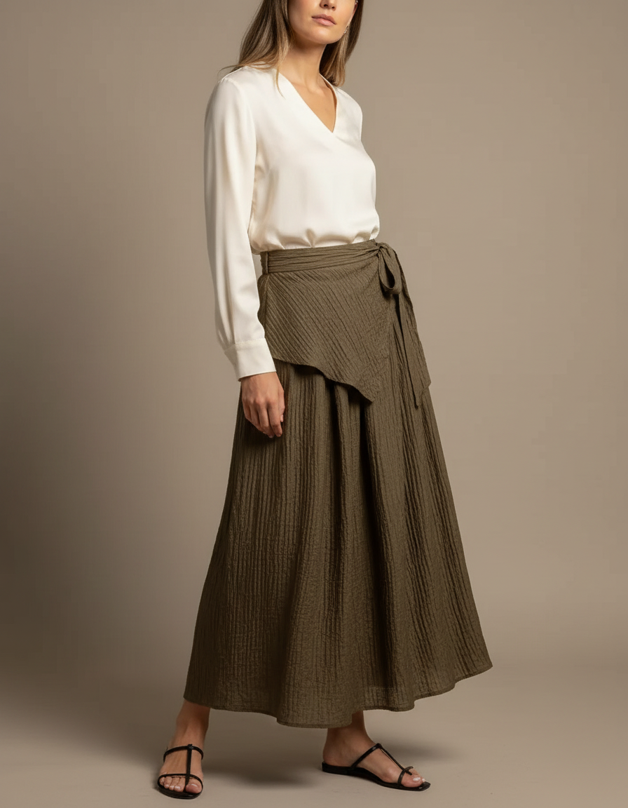 Pantalon Jupe Kaki Plissé Asymétrique Fluide Élégant - Lin