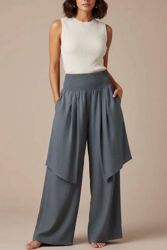 Pantalon Jupe Gris Ample Fluide Superposé Décontracté - Lin