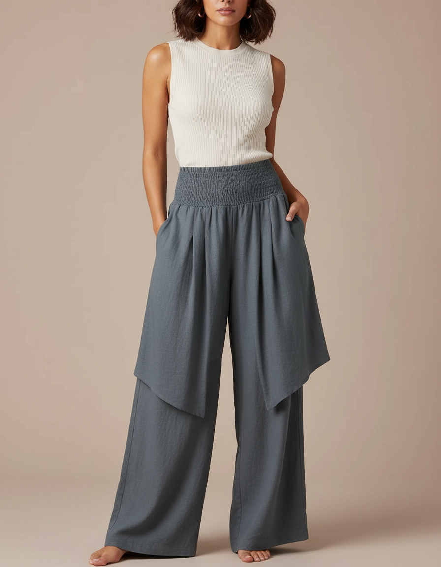 Pantalon Jupe Gris Ample Fluide Superposé Décontracté - Lin