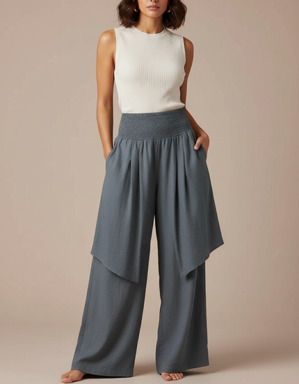 Pantalon Jupe Gris Ample Fluide Superposé Décontracté - Lin