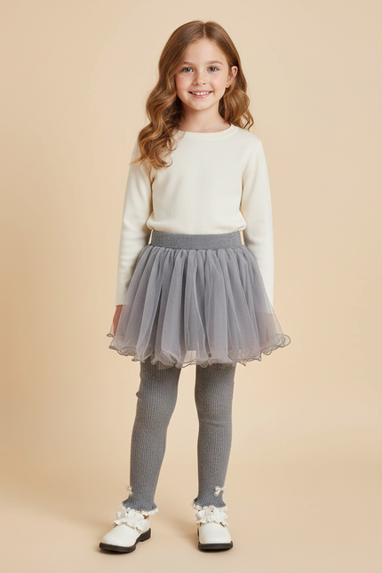 Pantalon Jupe Tulle Gris Ribbed Nœuds Fille - Maille