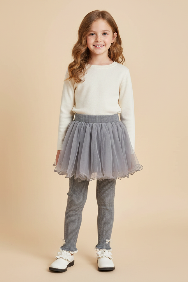Pantalon Jupe Tulle Gris Ribbed Nœuds Fille - Maille