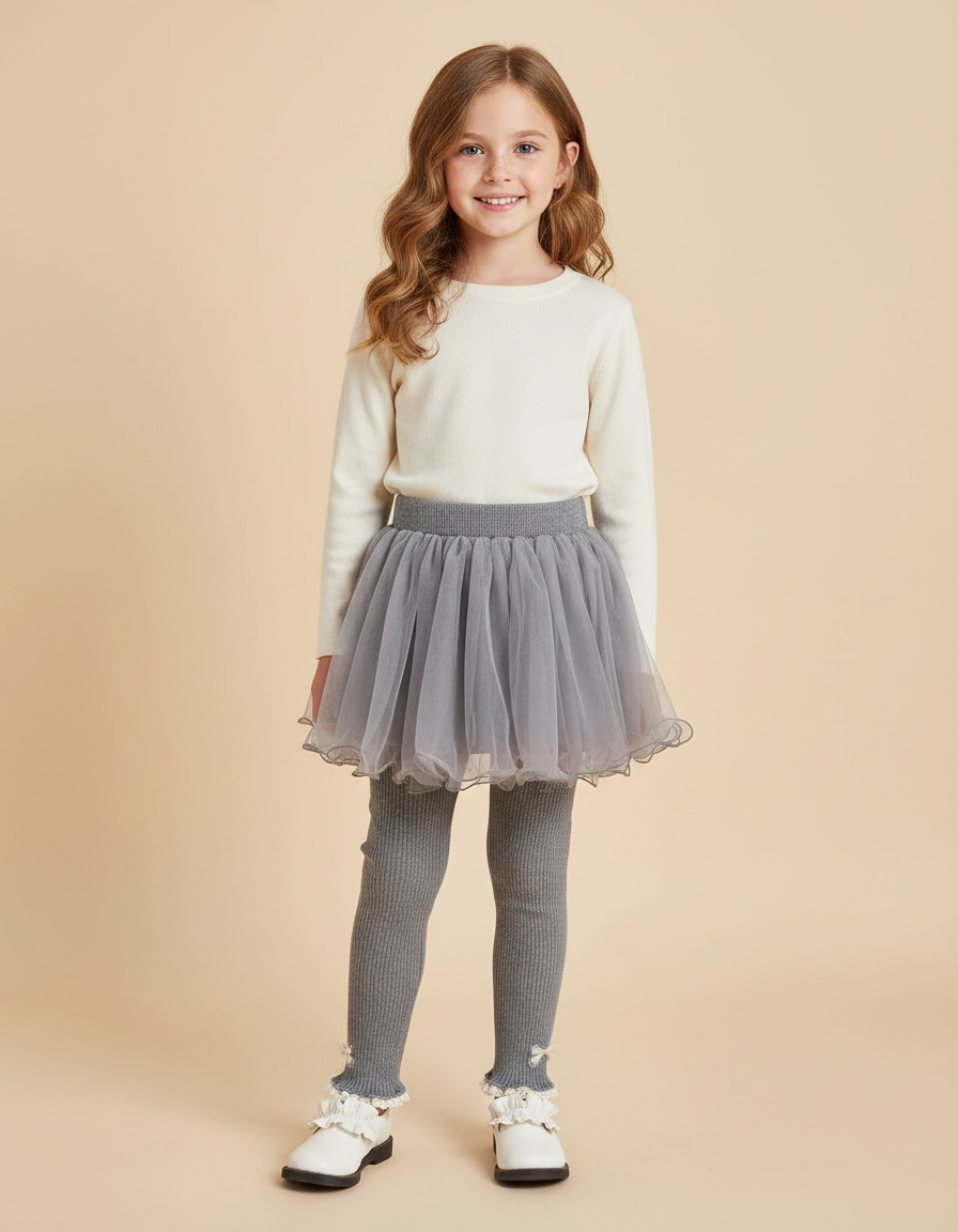 Pantalon Jupe Tulle Gris Ribbed Nœuds Fille - Maille