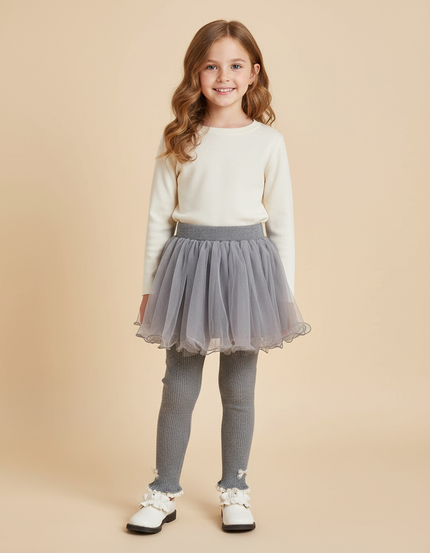 Pantalon Jupe Tulle Gris Ribbed Nœuds Fille - Maille